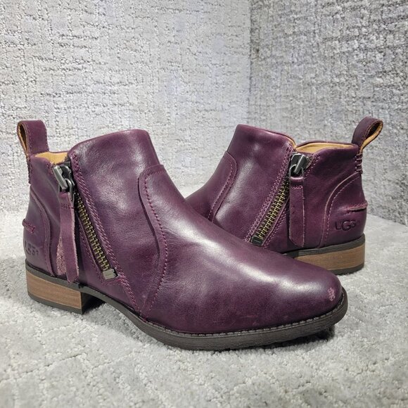 Ugg Aureo Women's Size 6M US Purple Leather Side Zip Ankle Boots 1098314 - Picture 1 of 9